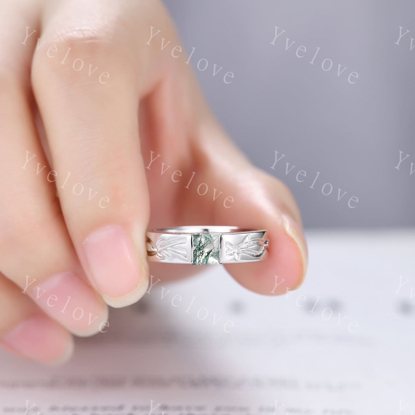 Vintage princess cut moss agate ring for men green agate stacking matching wedding band filigree ring stacking matching promise gift for him