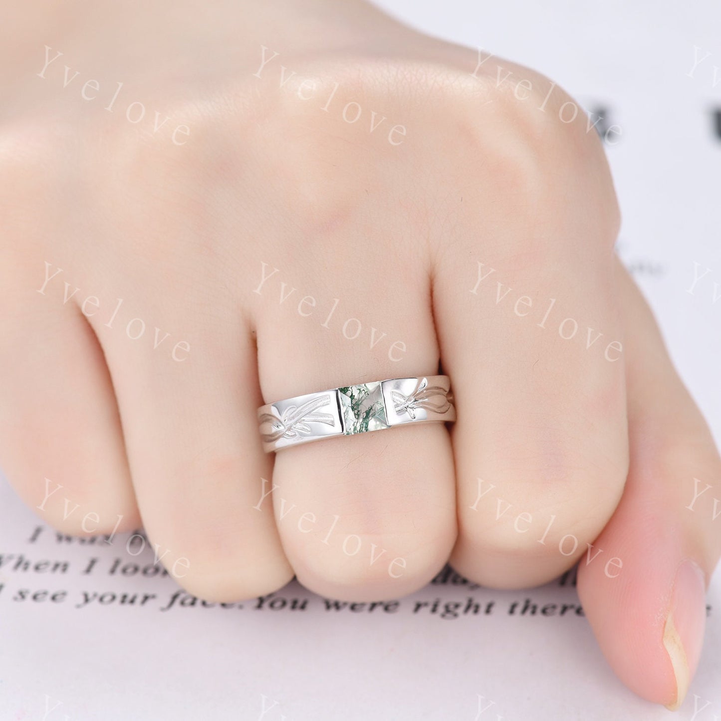 Vintage princess cut moss agate ring for men green agate stacking matching wedding band filigree ring stacking matching promise gift for him