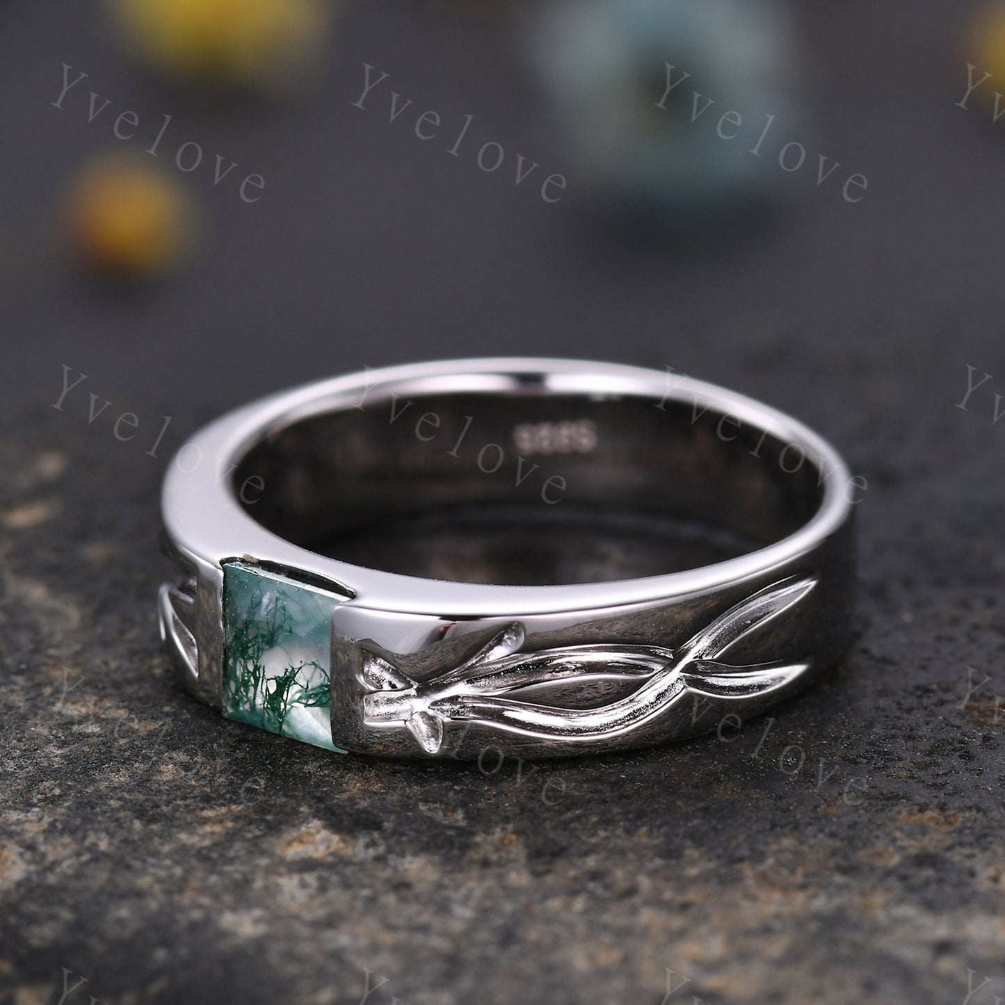 Vintage princess cut moss agate ring for men green agate stacking matching wedding band filigree ring stacking matching promise gift for him
