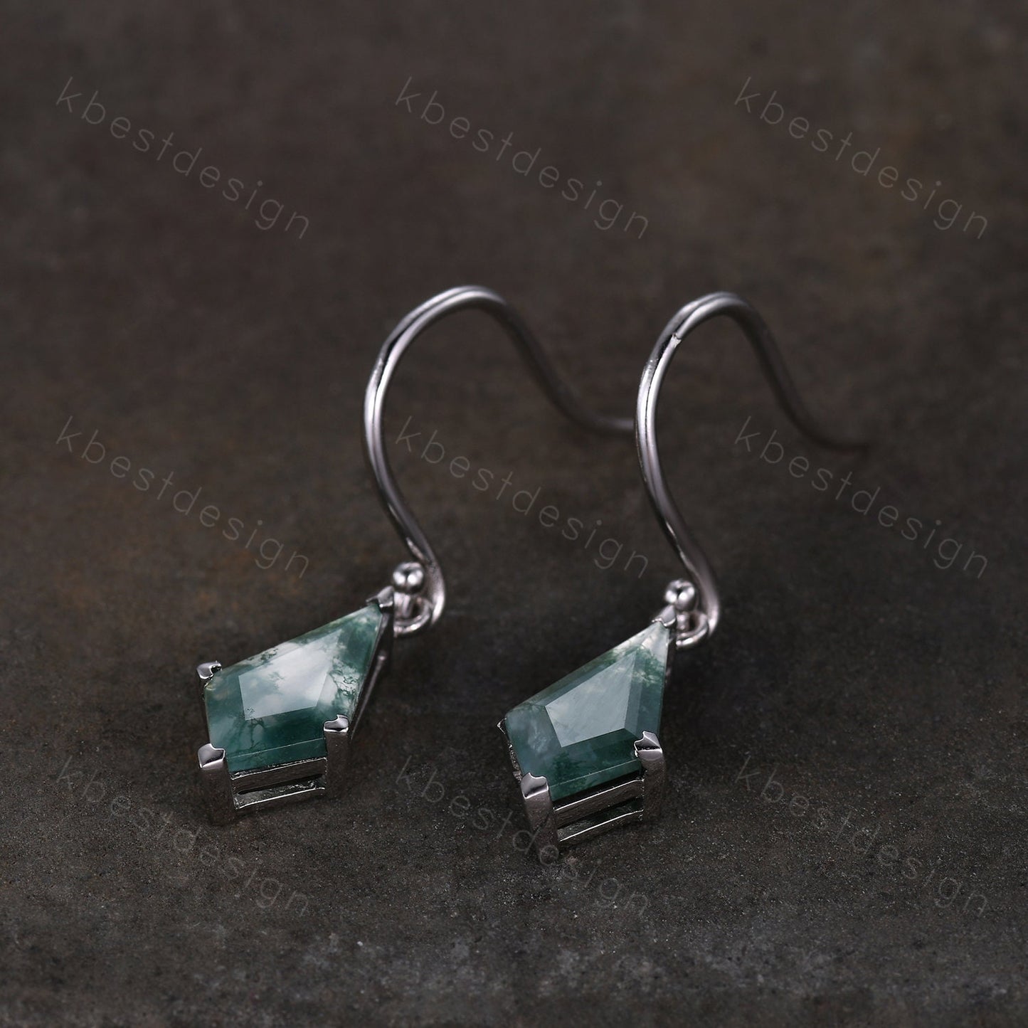 Vintage kite cut moss agate earrings silver green agate drop earrings unique hook earrings women art deco earring anniversary gift for her