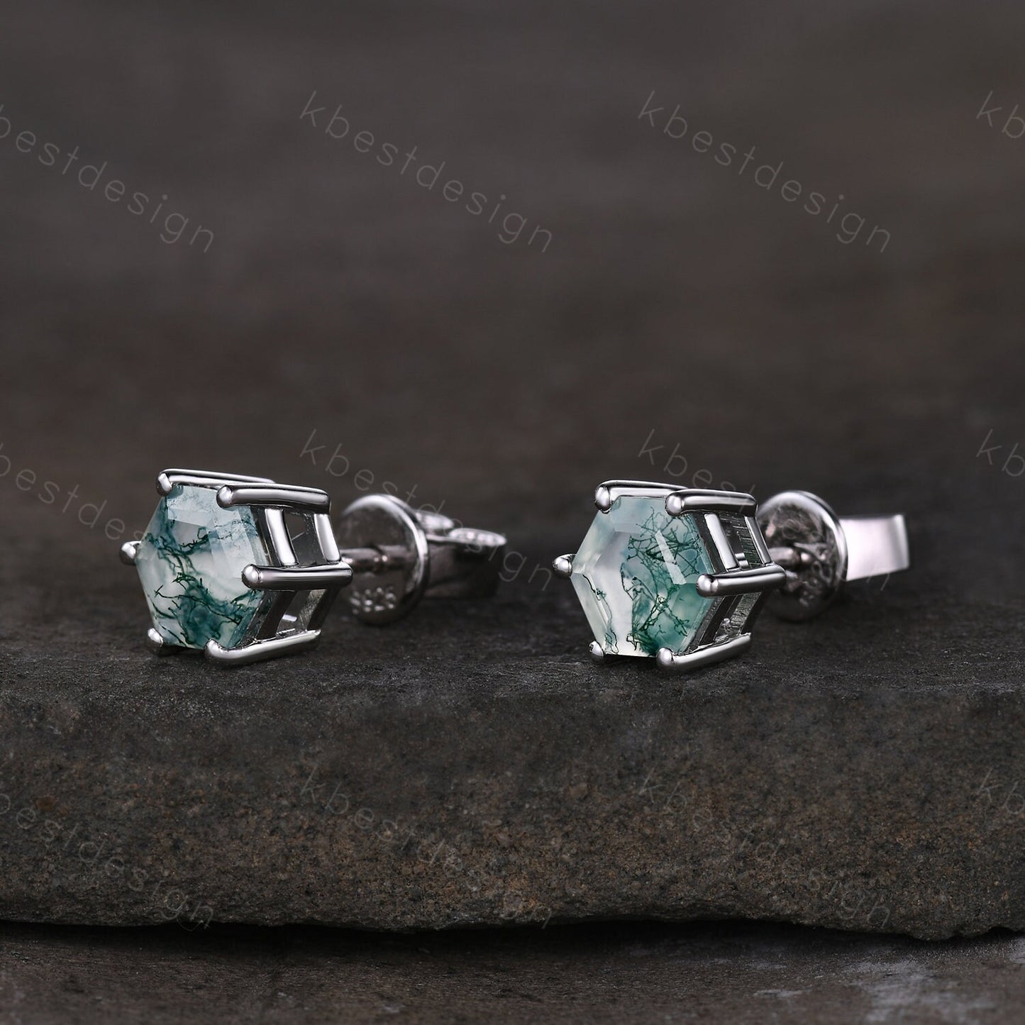 Natural moss agate stud earrings, yellow gold studs, hexagon cut moss agate earring studs, best friend gift, anniversary gift for her