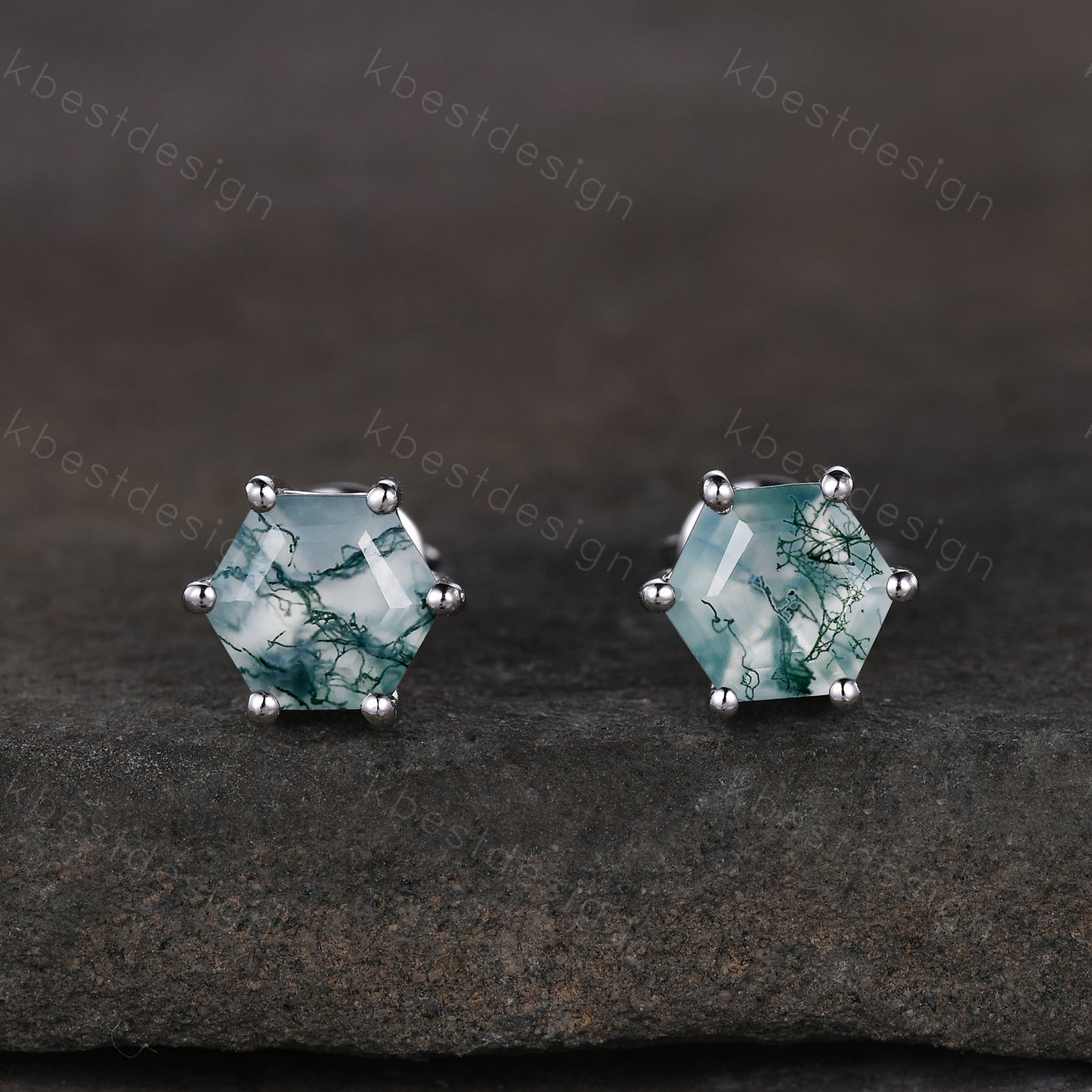Natural moss agate stud earrings, yellow gold studs, hexagon cut moss agate earring studs, best friend gift, anniversary gift for her