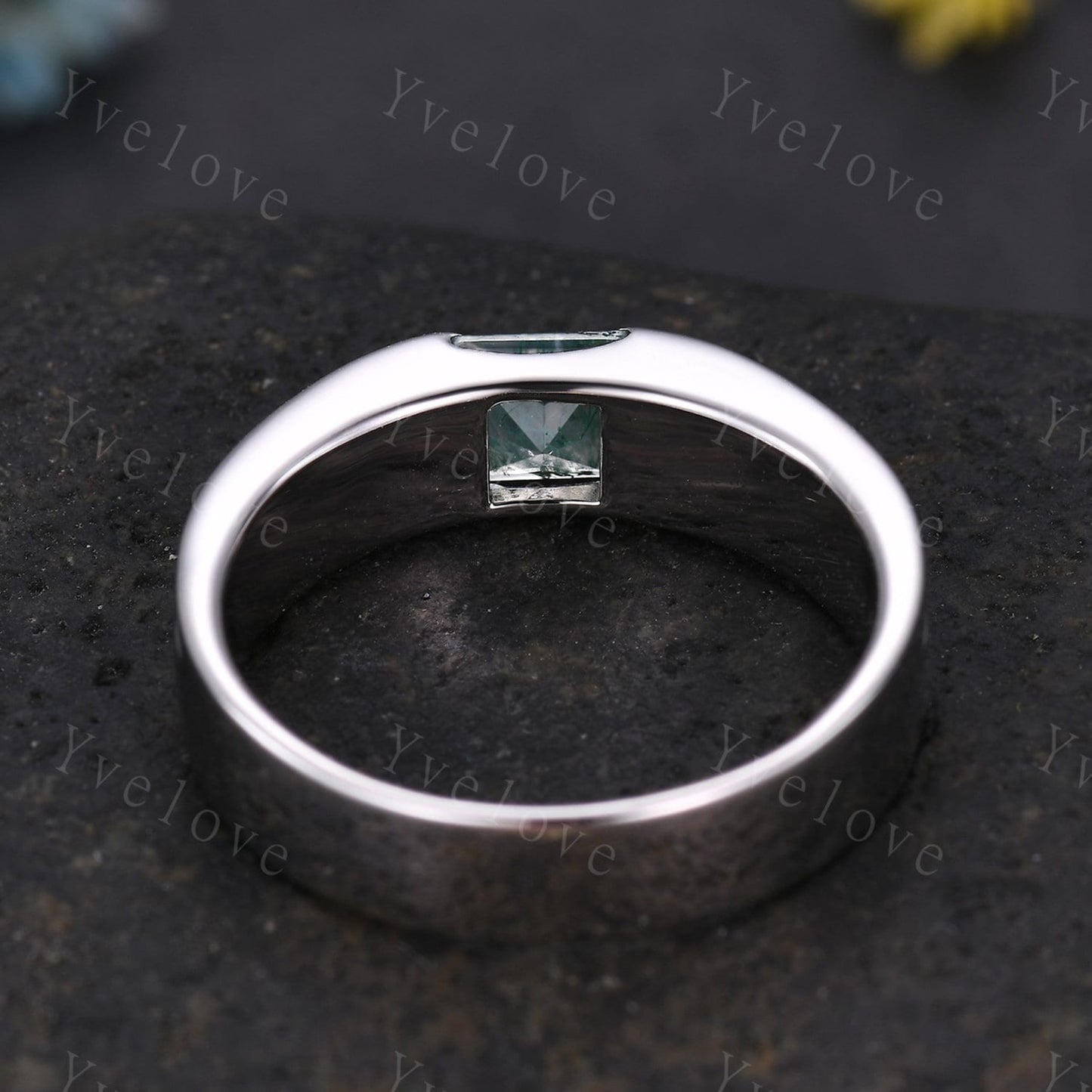 Vintage princess cut moss agate ring for men green agate stacking matching wedding band filigree ring stacking matching promise gift for him