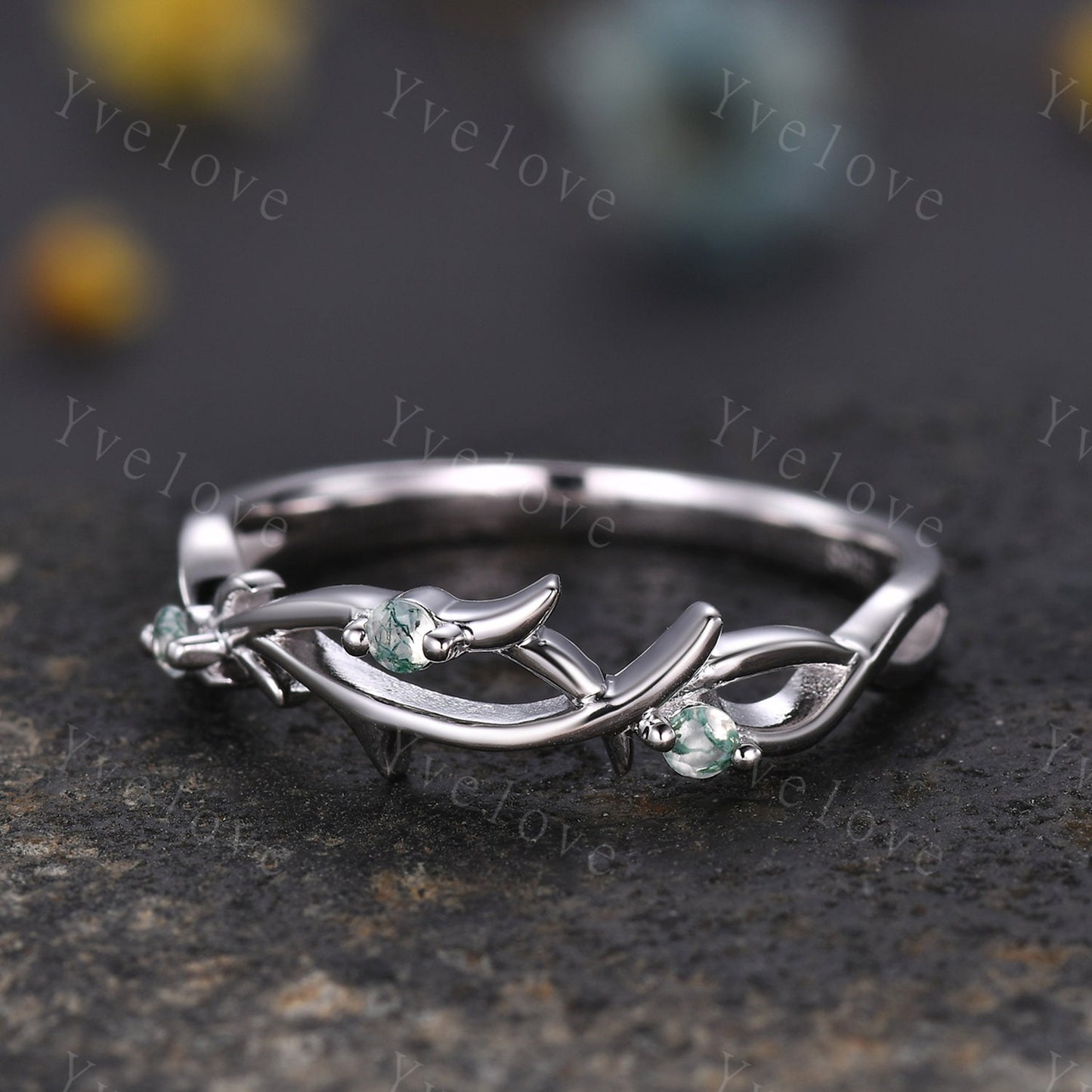 Dainty Moss Agate Twig Engagement Ring,Twig Matching Band,Leaf Band,Twig Branch Green Gems Wedding Band,14k White Gold,Twisted Stacking Band