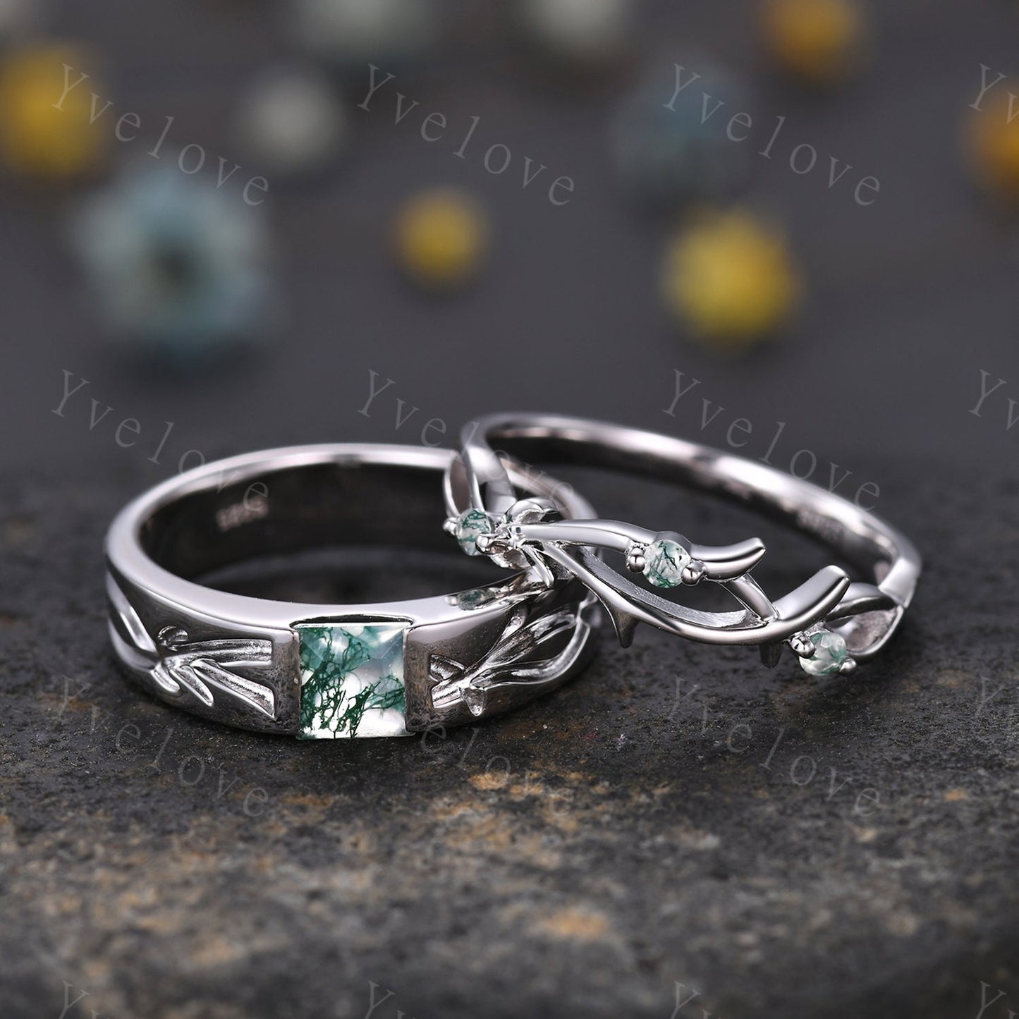 Dainty Moss Agate Twig Engagement Ring,Twig Matching Band,Leaf Band,Twig Branch Green Gems Wedding Band,14k White Gold,Twisted Stacking Band