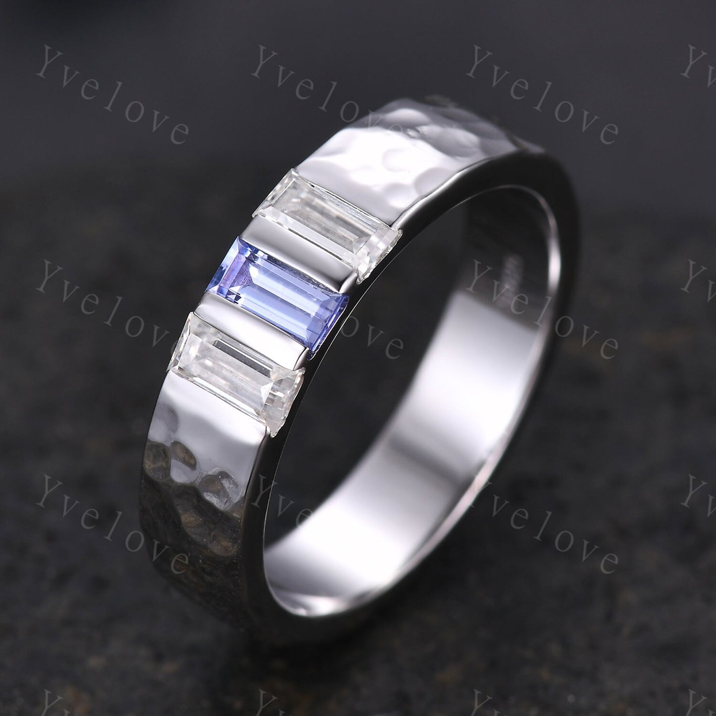 Retro Mens Baguette Tanzanite Moissanite Wedding Band 5mm Hammered Band Silver Ring Mens Stackable Matching Band Anniversary Gift For Him