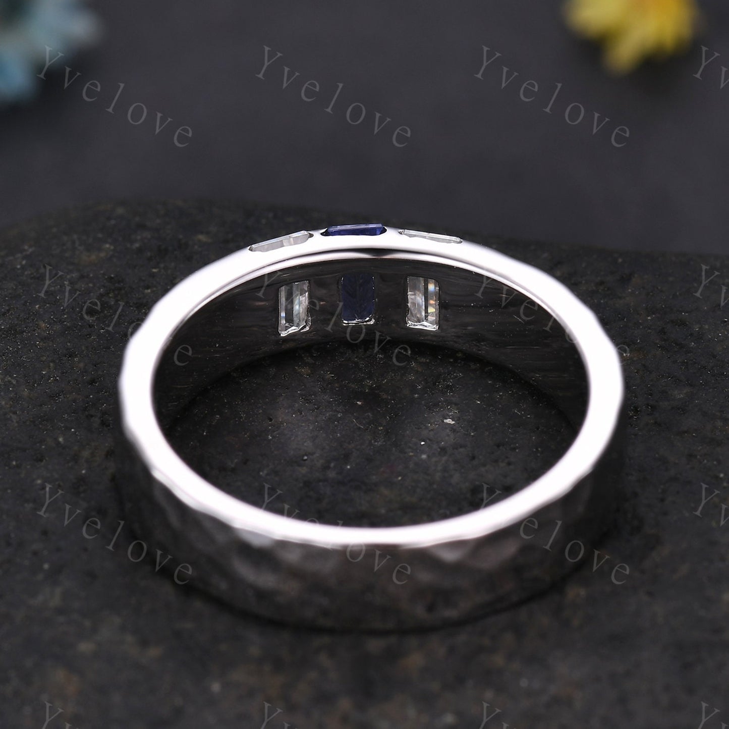 Retro Mens Baguette Tanzanite Moissanite Wedding Band 5mm Hammered Band Silver Ring Mens Stackable Matching Band Anniversary Gift For Him