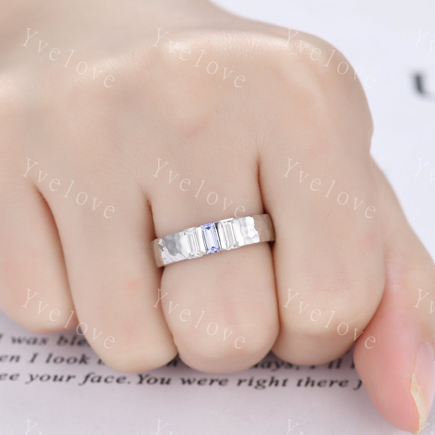 Retro Mens Baguette Tanzanite Moissanite Wedding Band 5mm Hammered Band Silver Ring Mens Stackable Matching Band Anniversary Gift For Him