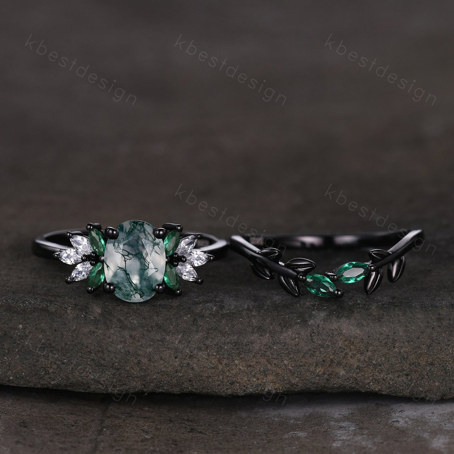 Vintage oval moss agate engagement ring set black gold cluster moissanite ring emerald stacking band unique art deco bridal wedding ring set