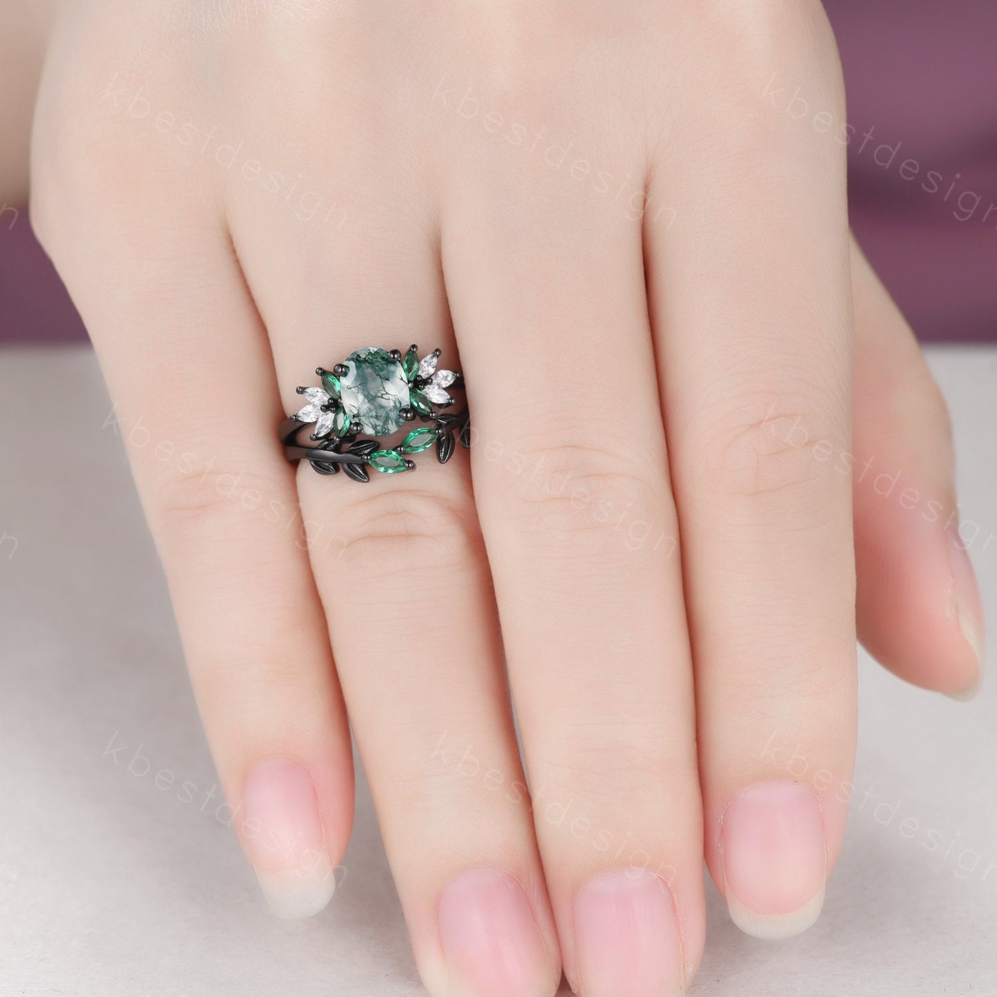 Vintage oval moss agate engagement ring set Curved emerald stacking band leaf style ring unique art deco bridal wedding ring set