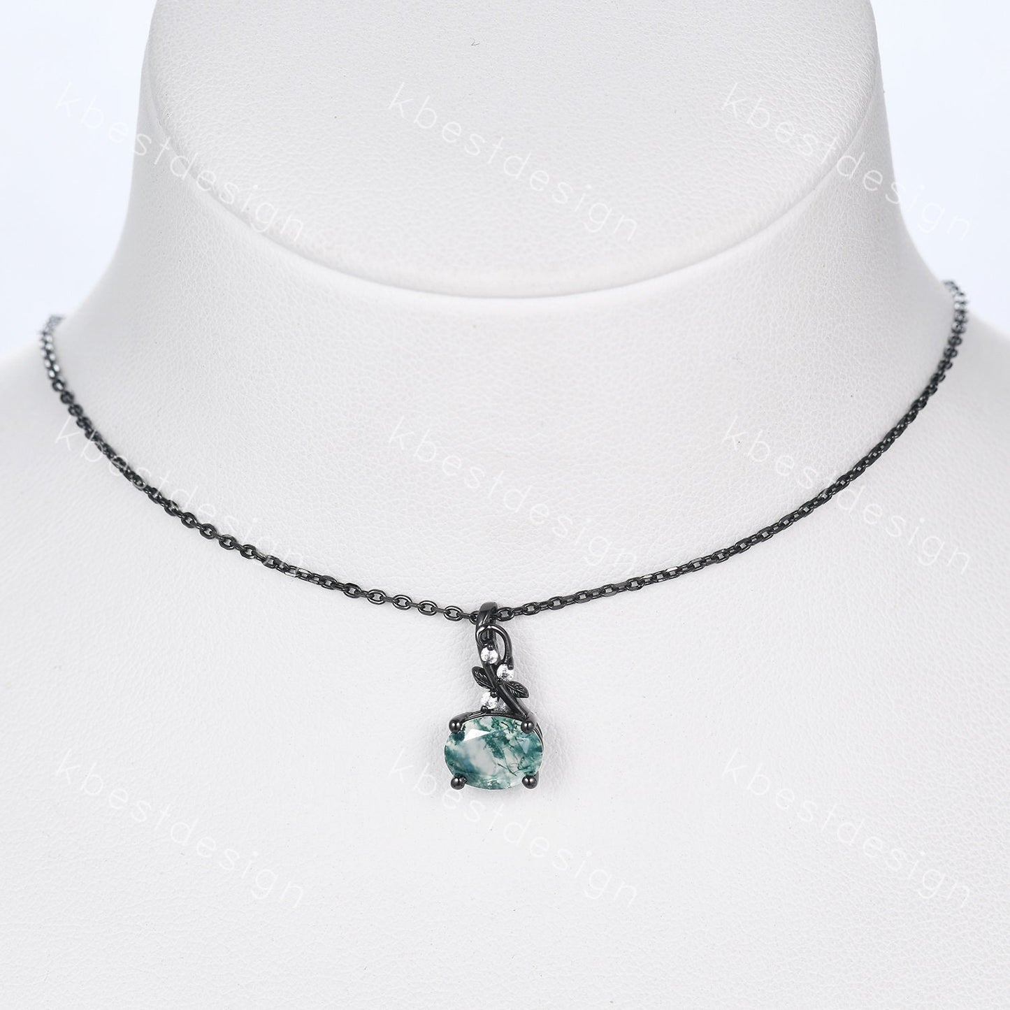 Vintage oval moss agate necklace art deco black gold green agate pendant necklace nature inspired necklace for women anniversary gift