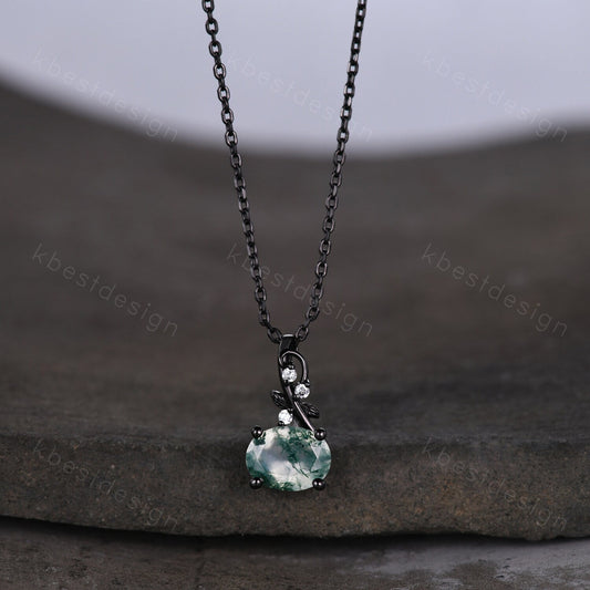 Vintage oval moss agate necklace art deco black gold green agate pendant necklace nature inspired necklace for women anniversary gift