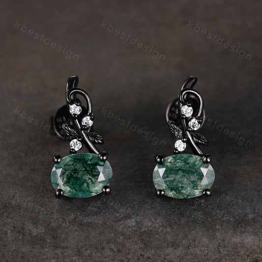 Oval cut moss agate earrings women black gold earring studs nature inspired earrings art deco green agate studs birthday/anniversary gift