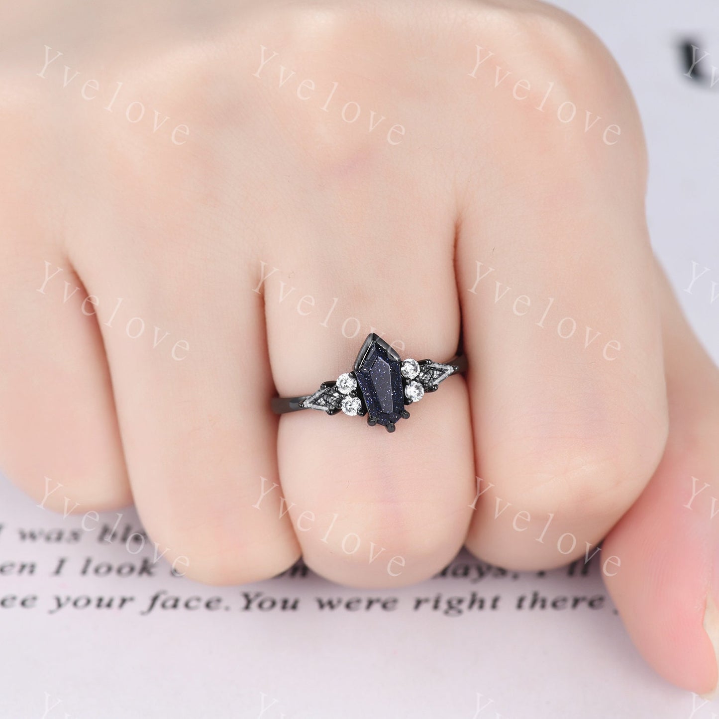 Gothic Shield Cut Sandstone Engagement Ring,Unique Nebula Ring,Kite Black Rutilated Quartz,Black Gold Galaxy Diamond Women Anniversary Gift