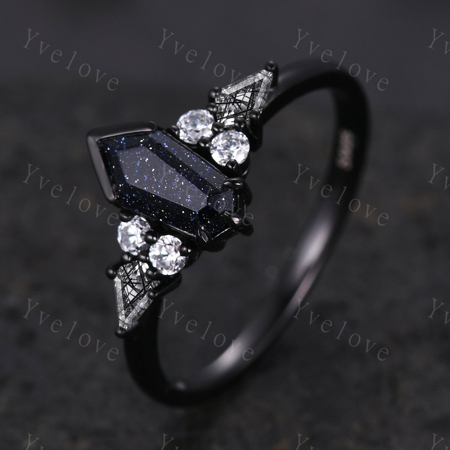 Gothic Shield Cut Sandstone Engagement Ring,Unique Nebula Ring,Kite Black Rutilated Quartz,Black Gold Galaxy Diamond Women Anniversary Gift