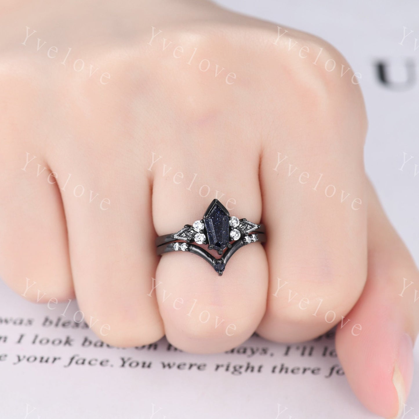 Gothic Shield Cut Sandstone Engagement Ring,Unique Nebula Ring,Kite Black Rutilated Quartz,Black Gold Galaxy Diamond Women Anniversary Gift