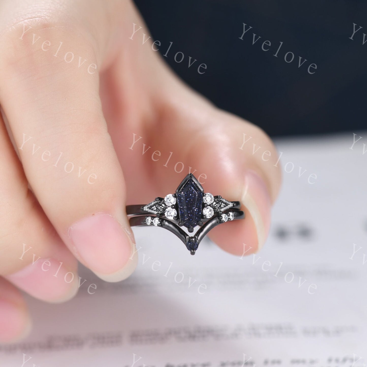 Gothic Shield Cut Sandstone Engagement Ring,Unique Nebula Ring,Kite Black Rutilated Quartz,Black Gold Galaxy Diamond Women Anniversary Gift