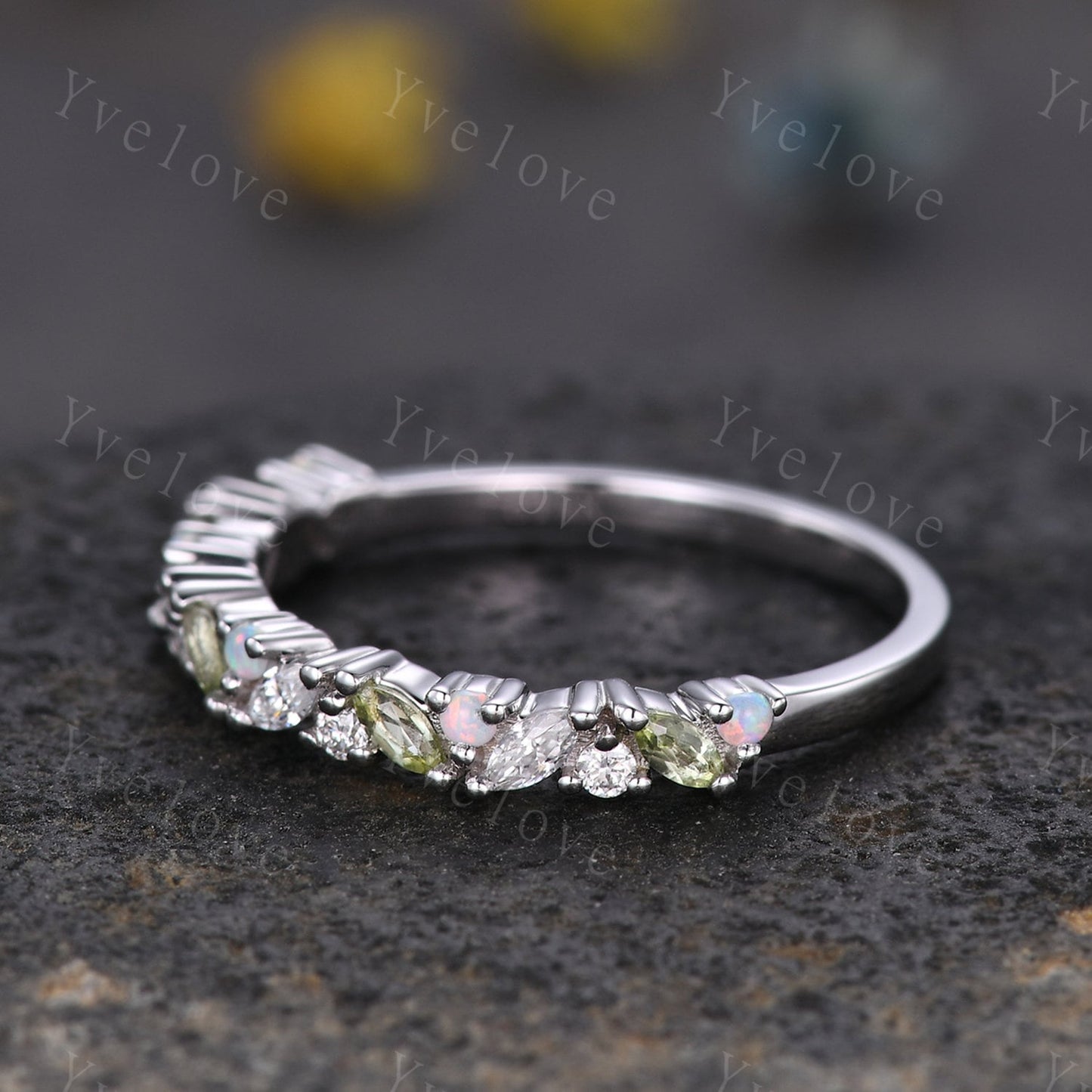 Marquise peridot opal wedding band vintage peridot ring white gold moissanite antique unique stacking band anniversary promise matching band