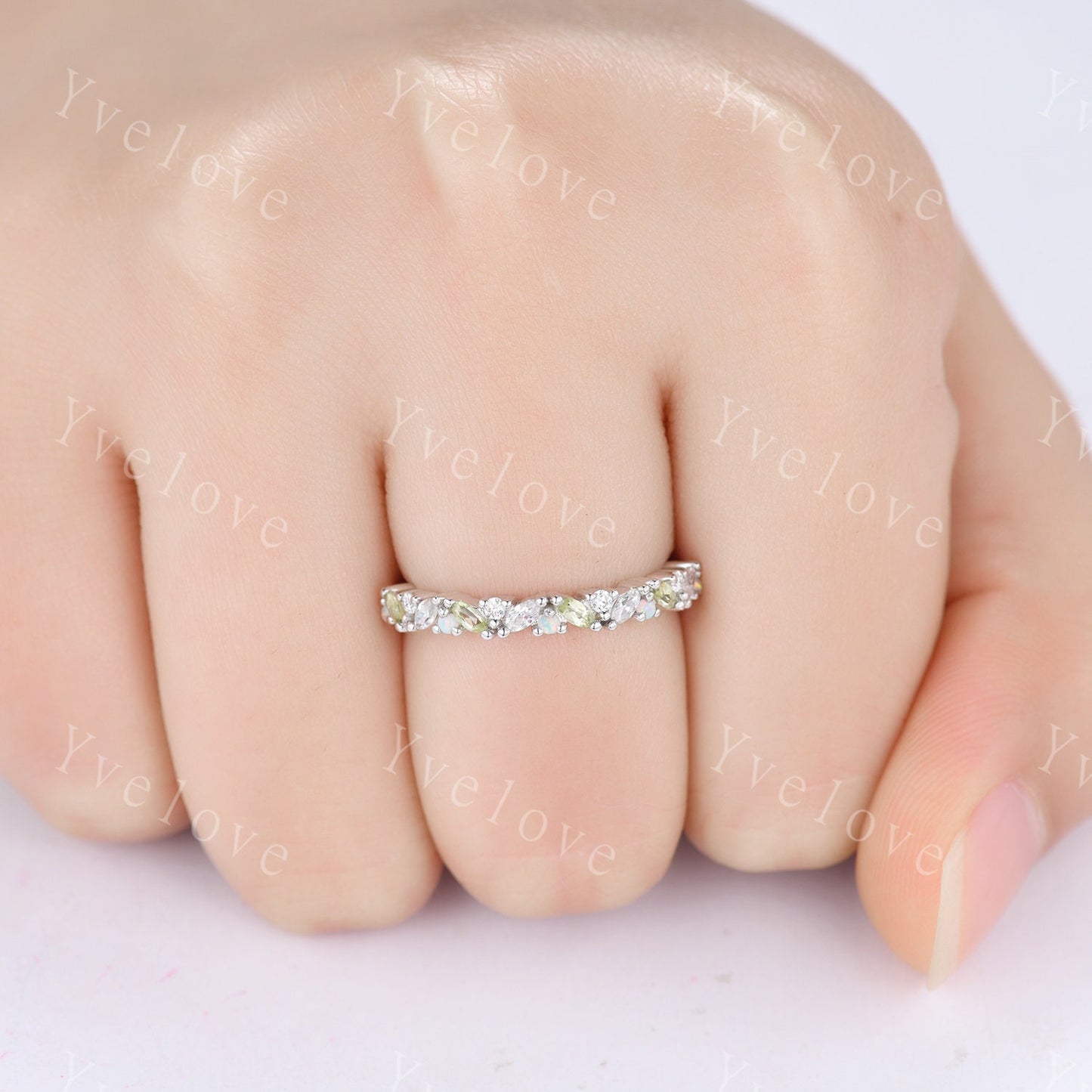 Marquise peridot opal wedding band vintage peridot ring white gold moissanite antique unique stacking band anniversary promise matching band
