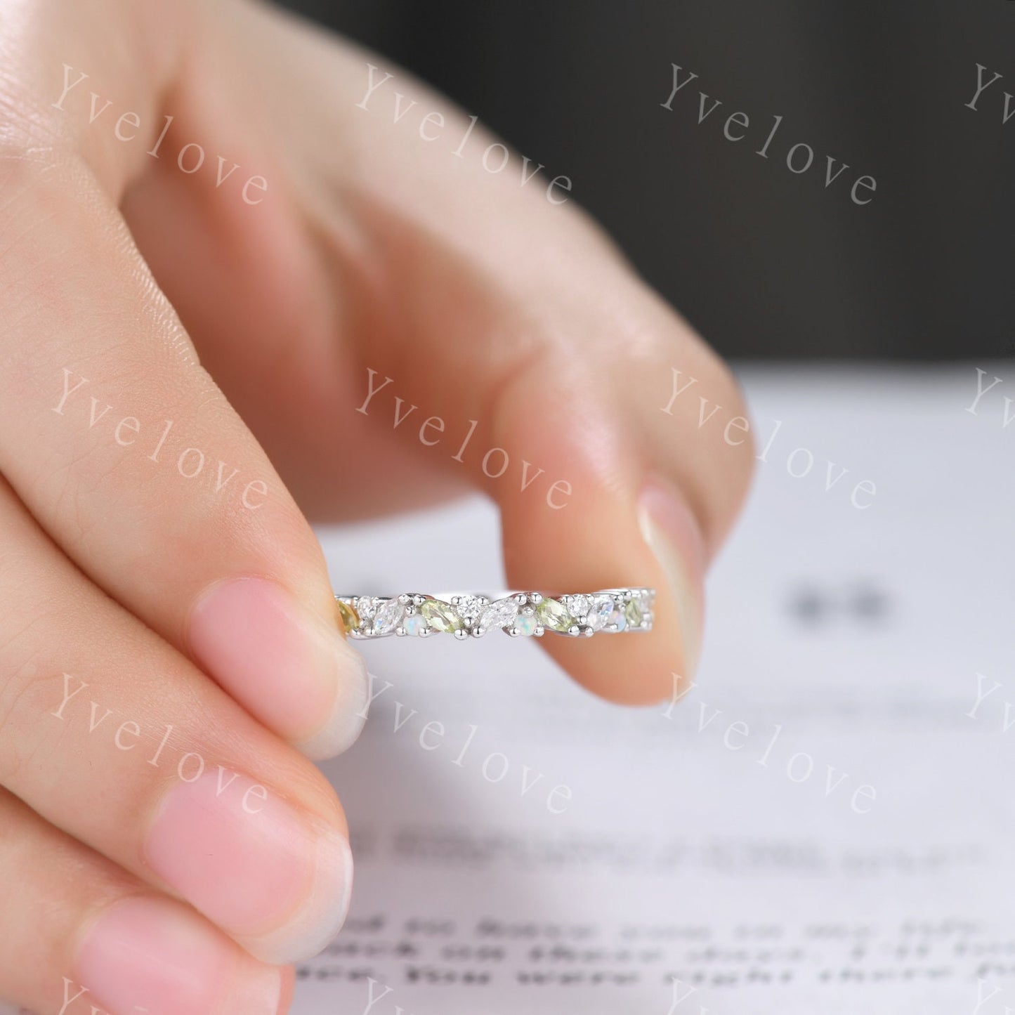 Marquise peridot opal wedding band vintage peridot ring white gold moissanite antique unique stacking band anniversary promise matching band