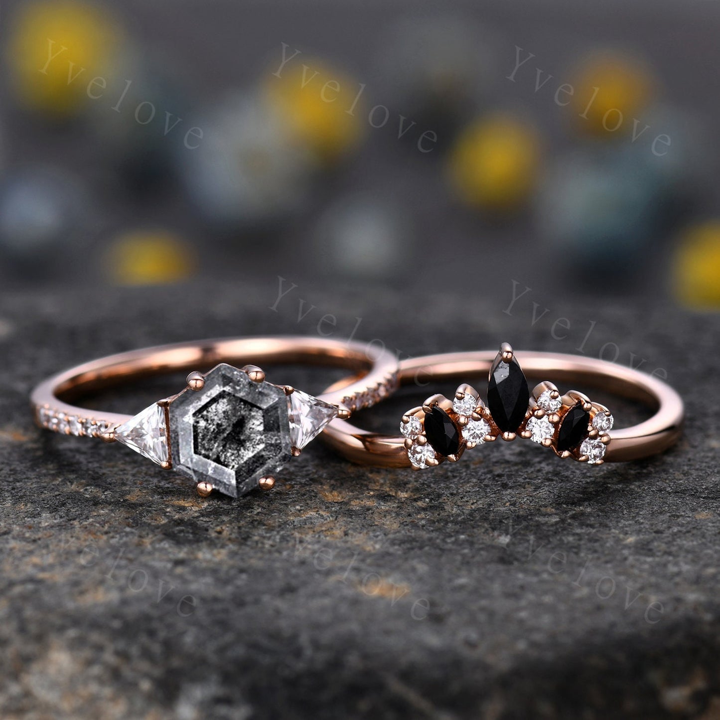 Hexagon Cut Salt and Pepper Diamond Engagement Ring,Vingate Bridal Ring,Gothic Ring,Diamond Anniversary Wedding Ring Birthday Gift for Her