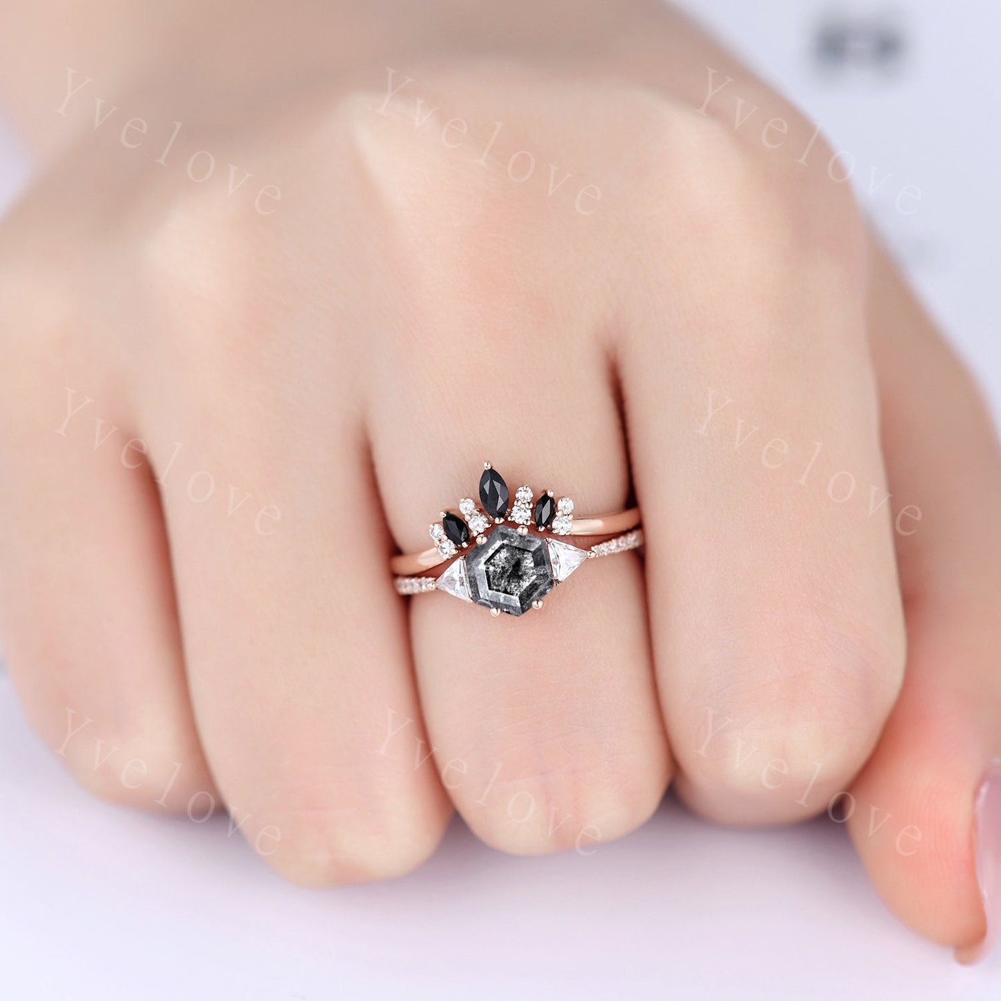 Hexagon Cut Salt and Pepper Diamond Engagement Ring,Vingate Bridal Ring,Gothic Ring,Diamond Anniversary Wedding Ring Birthday Gift for Her
