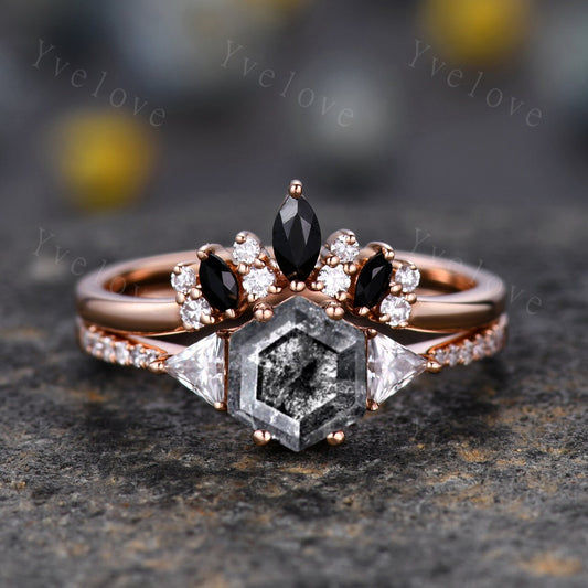 Hexagon Cut Salt and Pepper Diamond Engagement Ring,Vintage Bridal Set,Black Gothic Ring,Diamond Ring,Anniversary Birthday Gift for Women