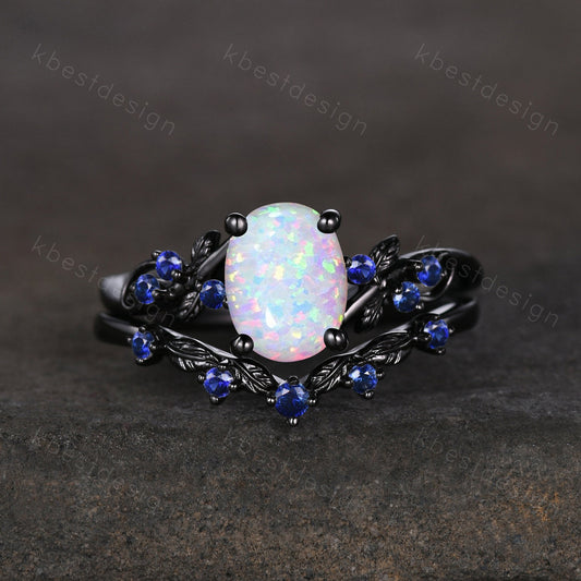Vintage oval opal engagement ring set black gold rings unique opal blue sapphire wedding ring art deco branch leaf ring promise ring set