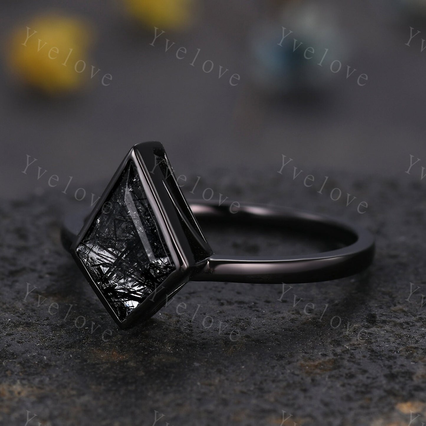 Black Gold Kite Cut Black Rutilated Quartz Engagement Ring Set,Witchy Black Wedding Ring Set,Black Promise Ring,Gothic Black Bridal Set Gift