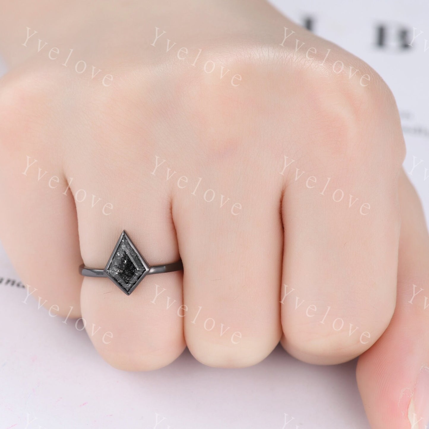 Black Gold Kite Cut Black Rutilated Quartz Engagement Ring Set,Witchy Black Wedding Ring Set,Black Promise Ring,Gothic Black Bridal Set Gift