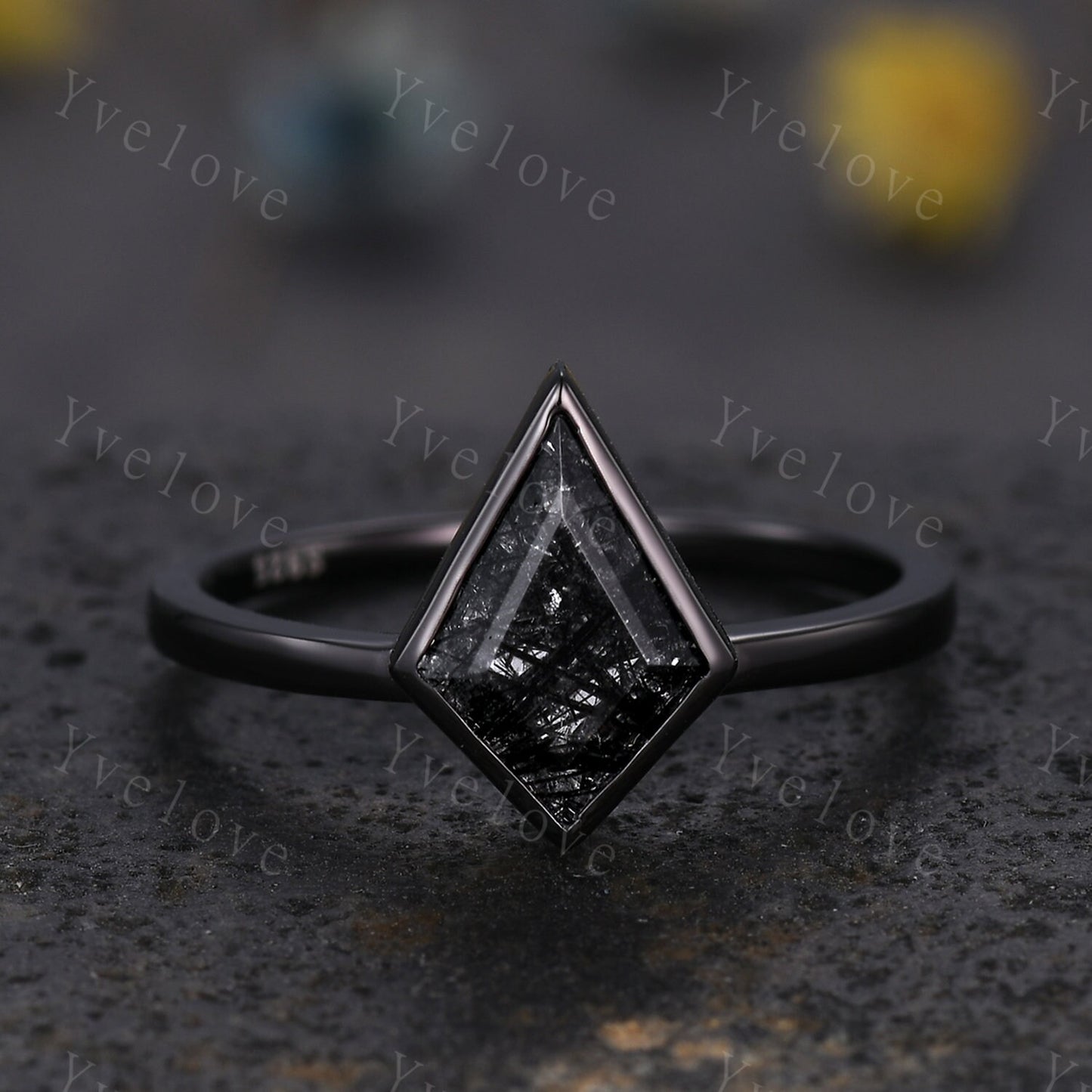 Black Gold Kite Cut Black Rutilated Quartz Engagement Ring Set,Witchy Black Wedding Ring Set,Black Promise Ring,Gothic Black Bridal Set Gift