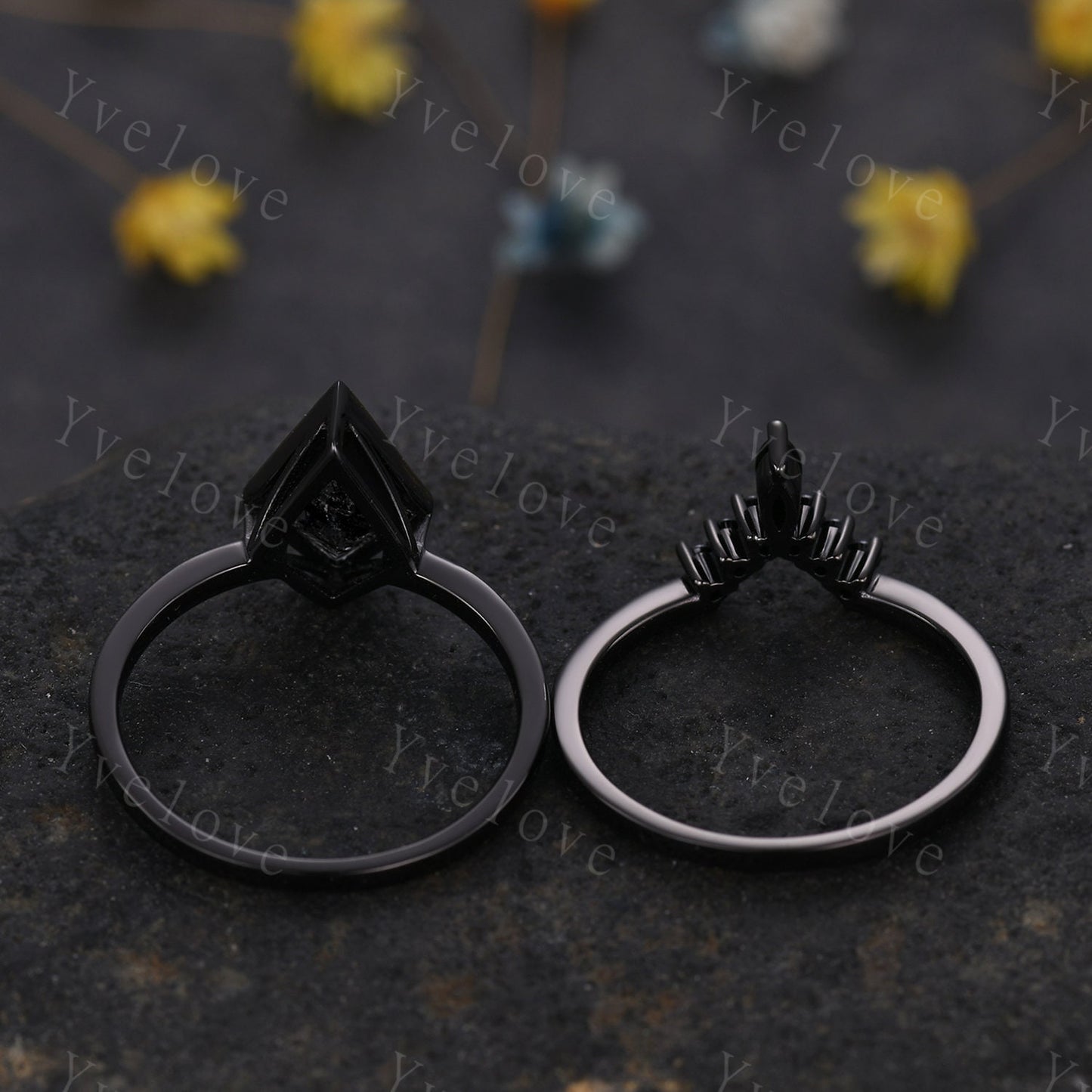 Black Gold Kite Cut Black Rutilated Quartz Engagement Ring Set,Witchy Black Wedding Ring Set,Black Promise Ring,Gothic Black Bridal Set Gift