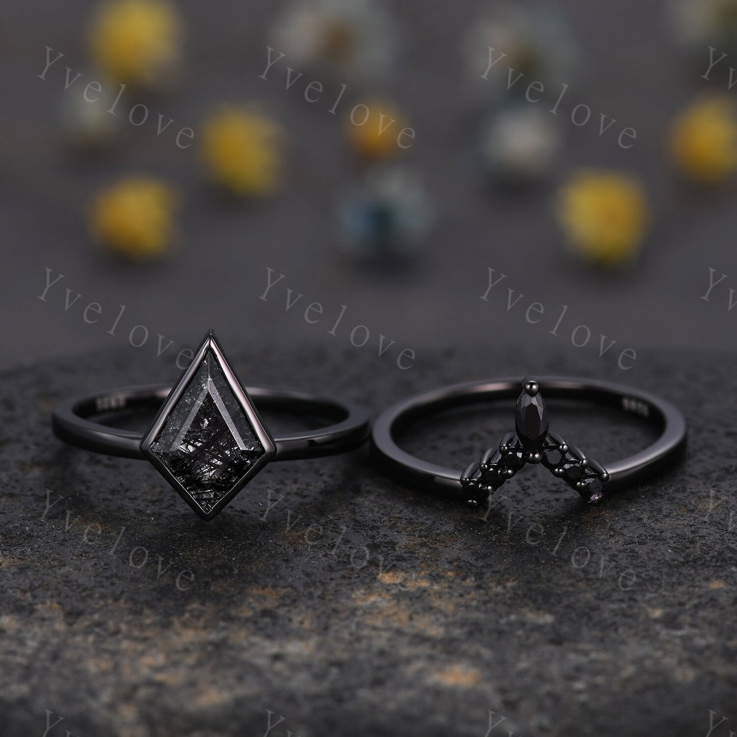 Black Gold Kite Cut Black Rutilated Quartz Engagement Ring Set,Witchy Black Wedding Ring Set,Black Promise Ring,Gothic Black Bridal Set Gift
