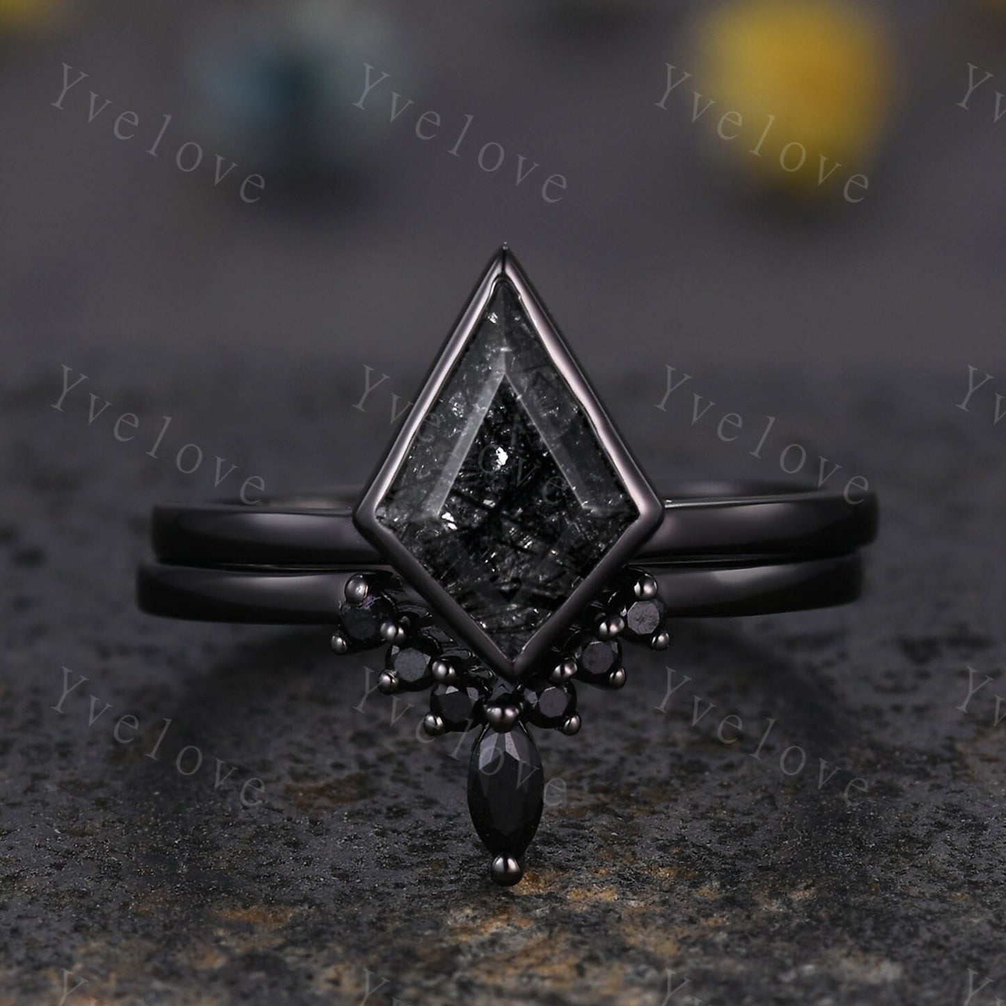 Black Gold Kite Cut Black Rutilated Quartz Engagement Ring Set,Witchy Black Wedding Ring Set,Black Promise Ring,Gothic Black Bridal Set Gift