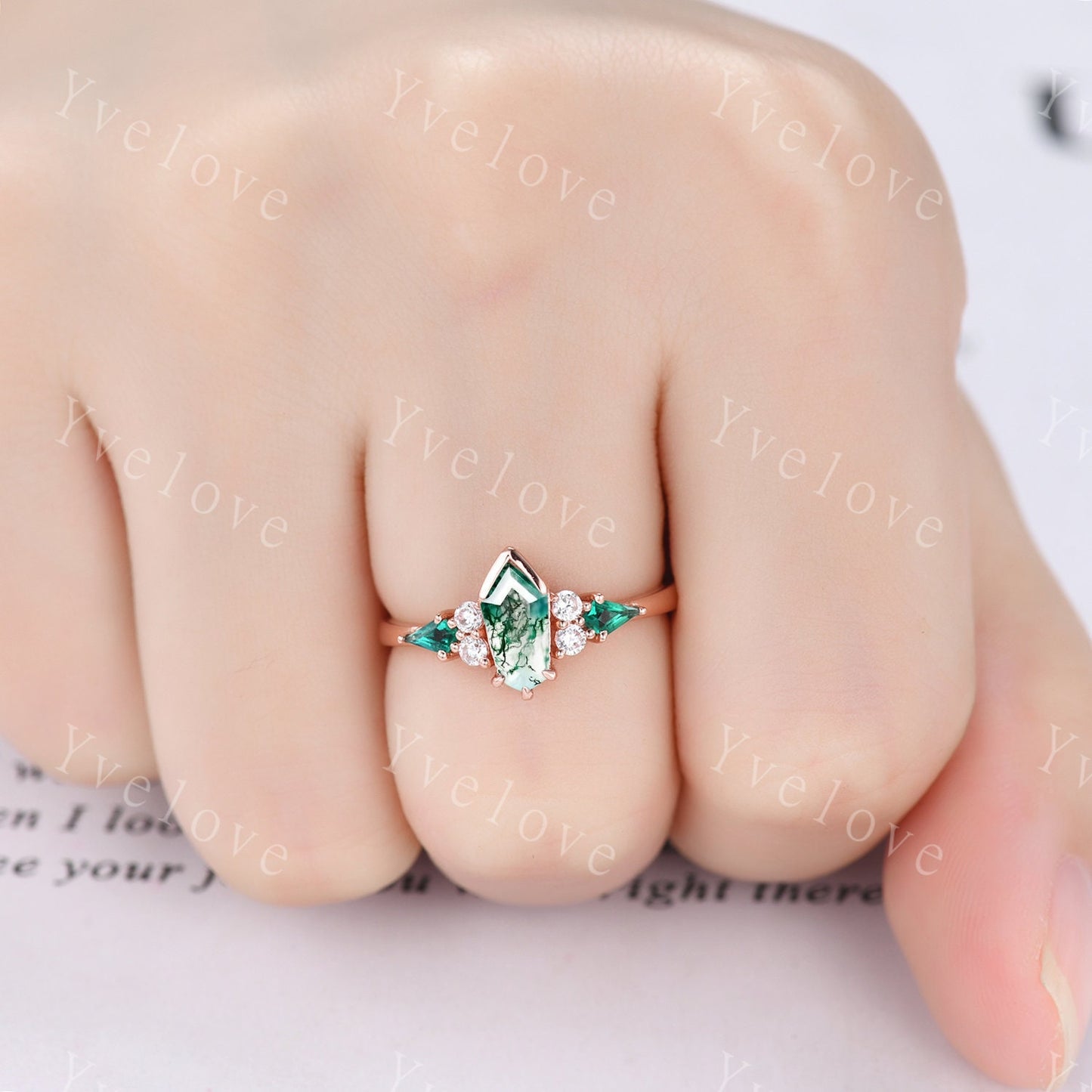 Gothic Coffin cut Moss Agate Engagement Ring,Unique Natural Green Agate Ring,Kite Emerald Ring,Rose Gold Diamond Anniversary Gift Bridal Set
