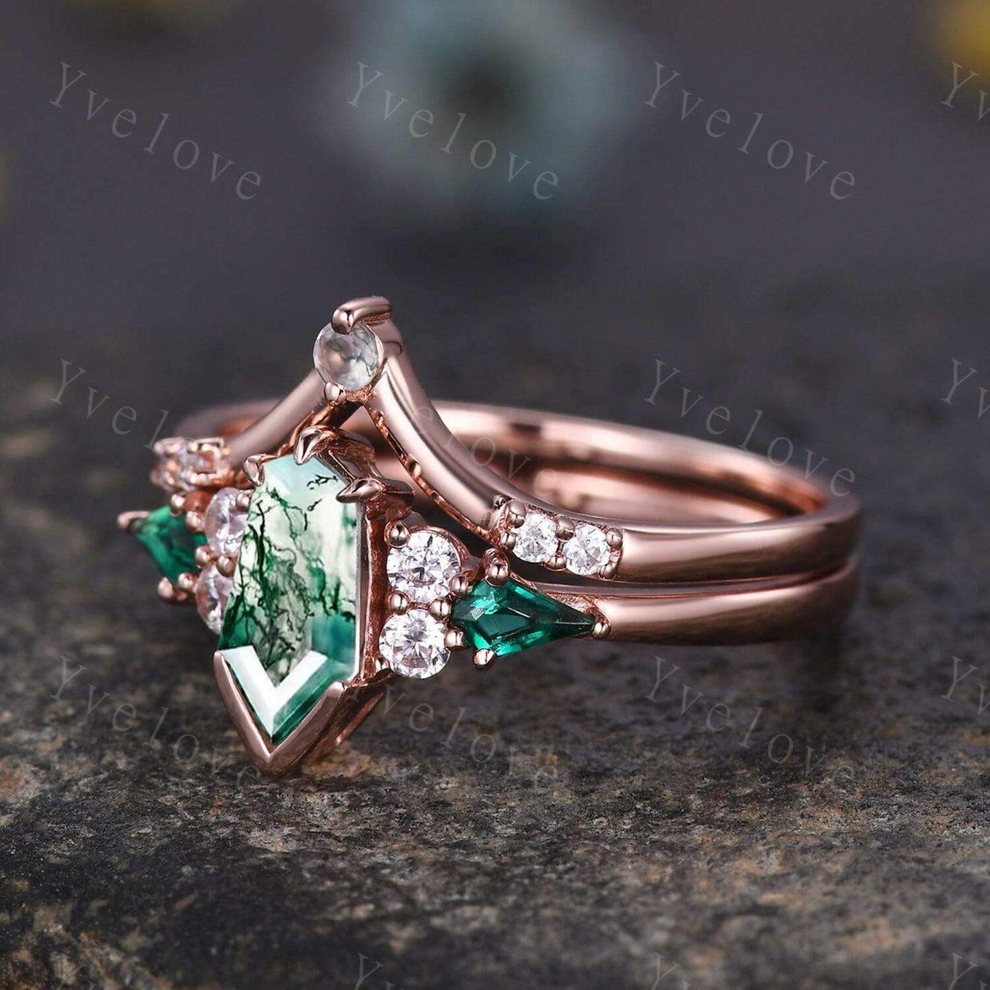 Gothic Coffin cut Moss Agate Engagement Ring Set,Unique Natural Agate Ring,Kite Emerald Ring,Rose Gold Diamond Anniversary Gift Bridal Set