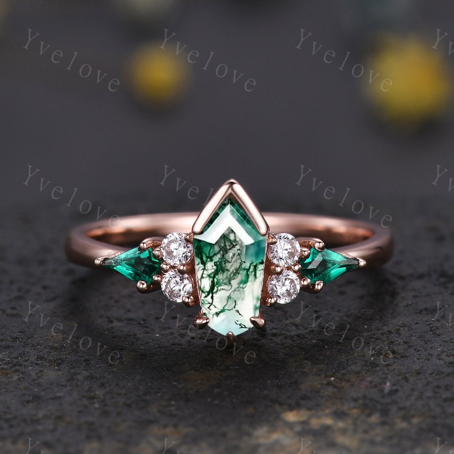Gothic Coffin cut Moss Agate Engagement Ring,Unique Natural Green Agate Ring,Kite Emerald Ring,Rose Gold Diamond Anniversary Gift Bridal Set