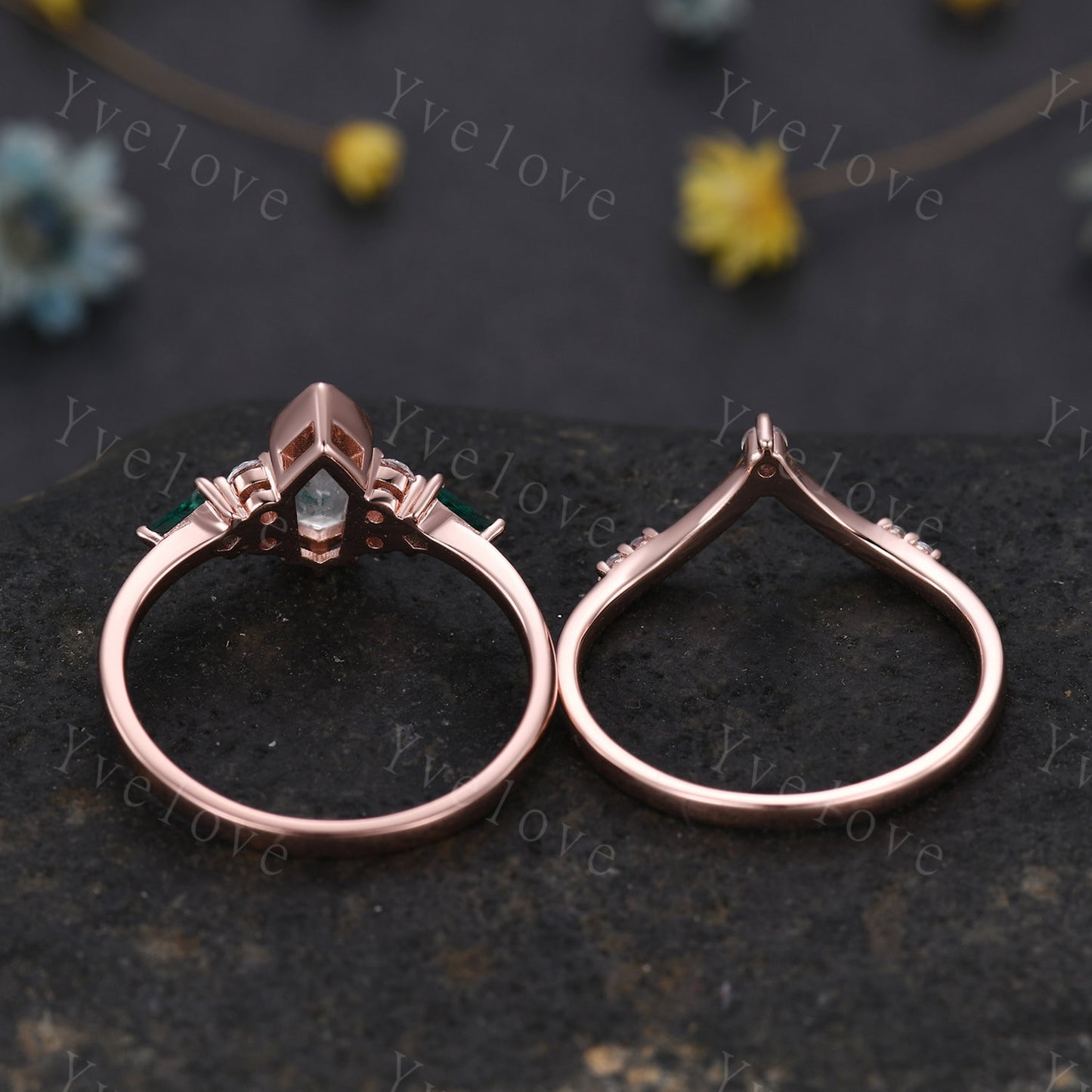 Gothic Coffin cut Moss Agate Engagement Ring Set,Unique Natural Agate Ring,Kite Emerald Ring,Rose Gold Diamond Anniversary Gift Bridal Set