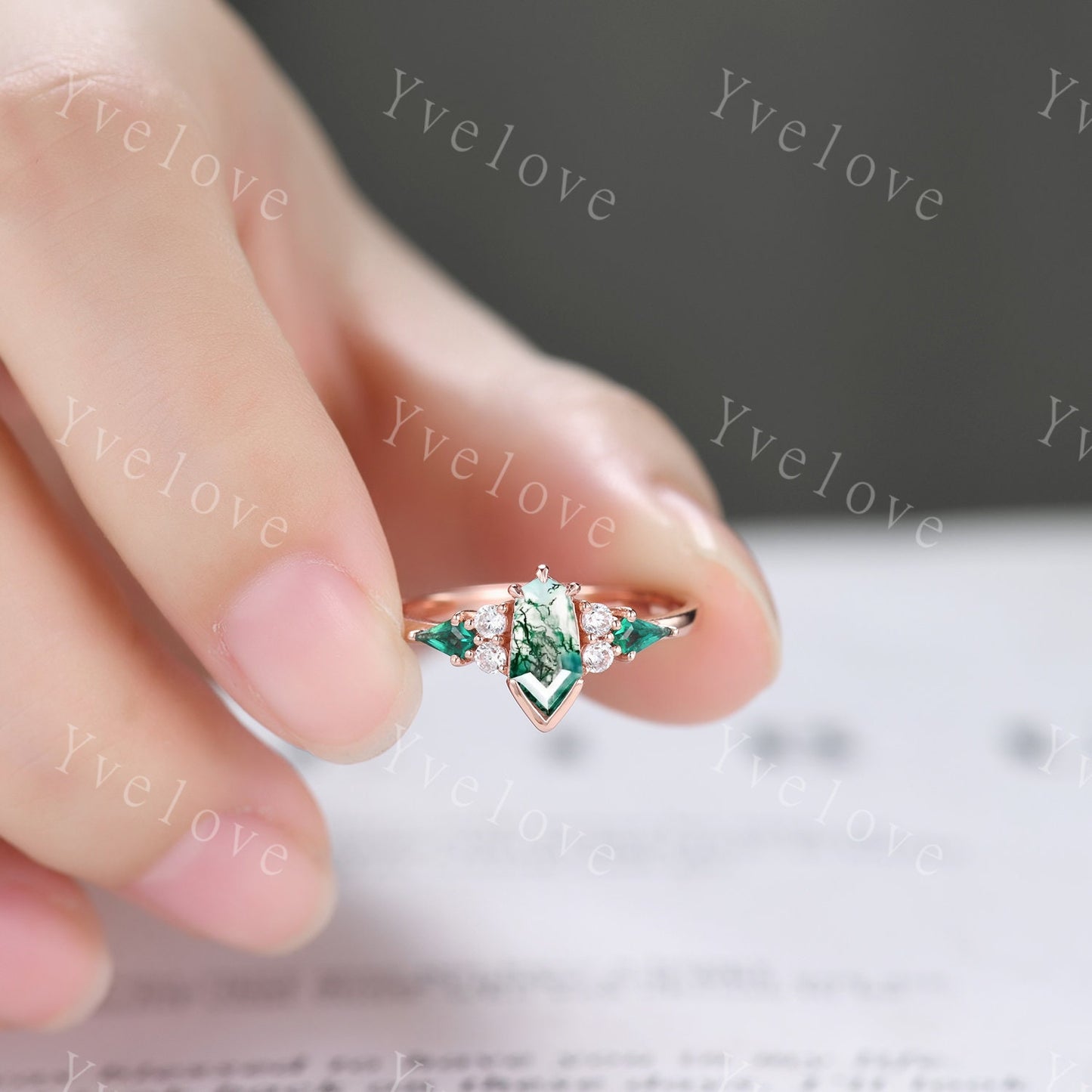 Gothic Coffin cut Moss Agate Engagement Ring Set,Unique Natural Agate Ring,Kite Emerald Ring,Rose Gold Diamond Anniversary Gift Bridal Set