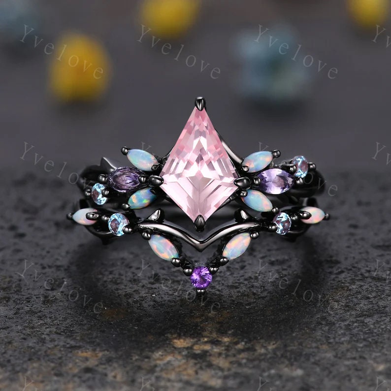 Vintage Kite Pink Sapphire Engagement Ring Set,Black Gold,Vines Amethyst Opal Ring,Women Bridal Set,Unique Twig Anniversary Promise Gift