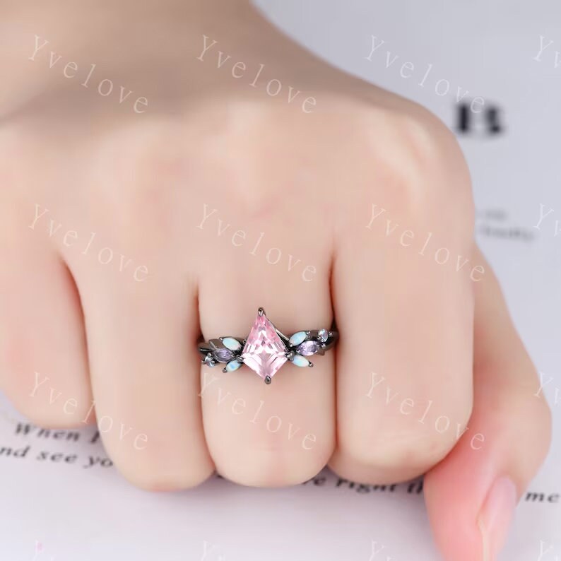 Vintage Kite Pink Sapphire Engagement Ring Set,Black Gold,Vines Amethyst Opal Ring,Women Bridal Set,Unique Twig Anniversary Promise Gift