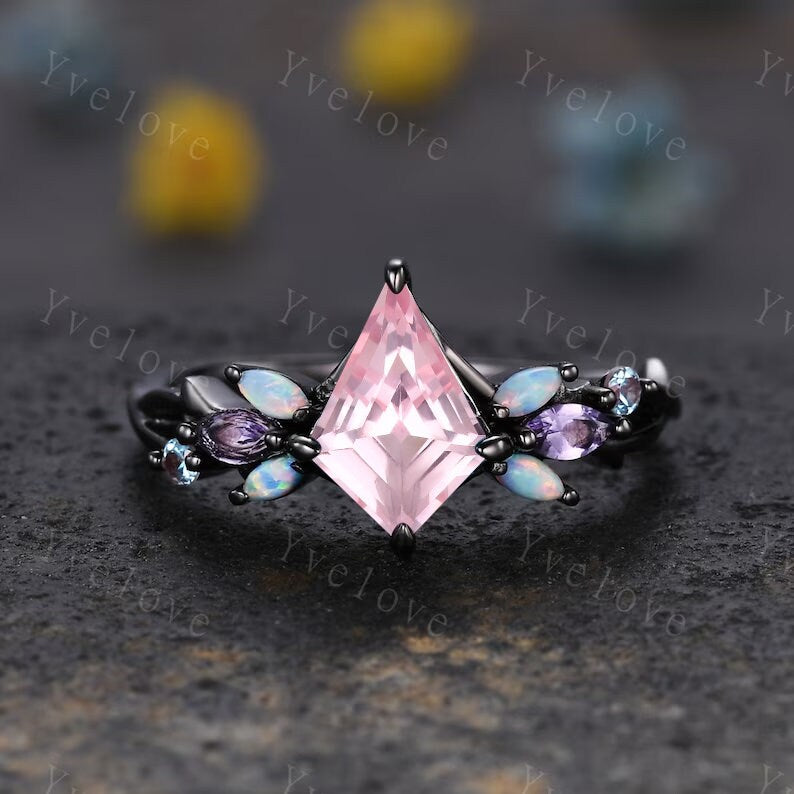 Vintage Kite Pink Sapphire Engagement Ring Set,Black Gold,Vines Amethyst Opal Ring,Women Bridal Set,Unique Twig Anniversary Promise Gift