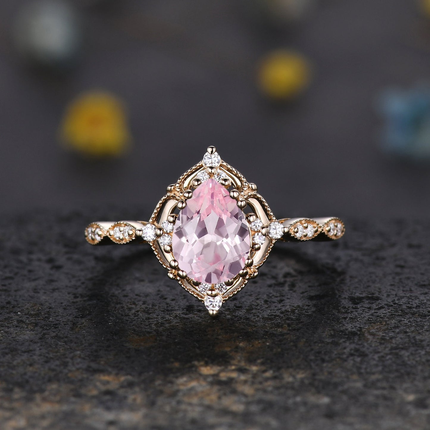 Vintage Pink Sapphire Engagement Ring,Pear Shape Sapphire Ring Set,14K Gold Ring,Unique Women Moissanite Promise Ring For Her,Handmade Gift