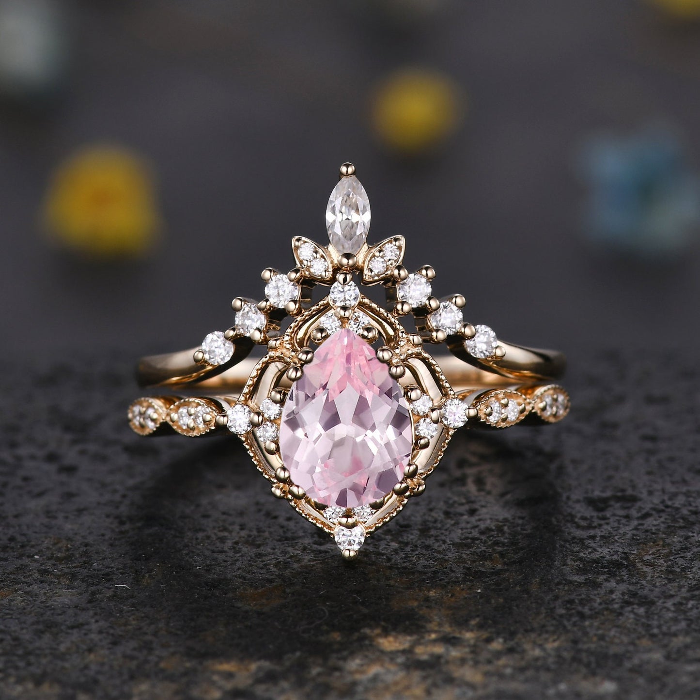 Vintage Pink Sapphire Engagement Ring,Pear Shape Sapphire Ring Set,14K Gold Ring,Unique Women Moissanite Promise Ring For Her,Handmade Gift