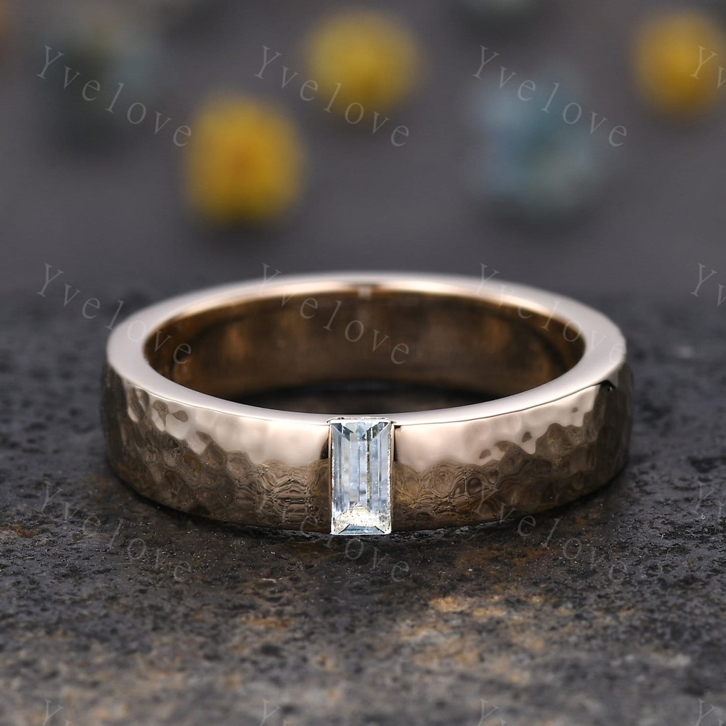 Mens Baguette Aquamarine Band Blue Aquamarine Wedding Band 5mm Solid Gold Ring Mens Hammered Stacking Matching Band Retro Vintage Ring Gift