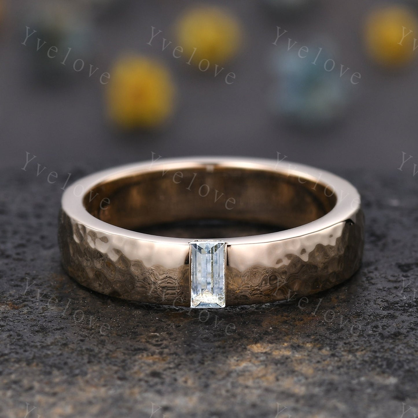 Mens Baguette Aquamarine Band Blue Aquamarine Wedding Band 5mm Black Gold Ring Mens Hammered Stacking Matching Band Retro Vintage Ring Gift
