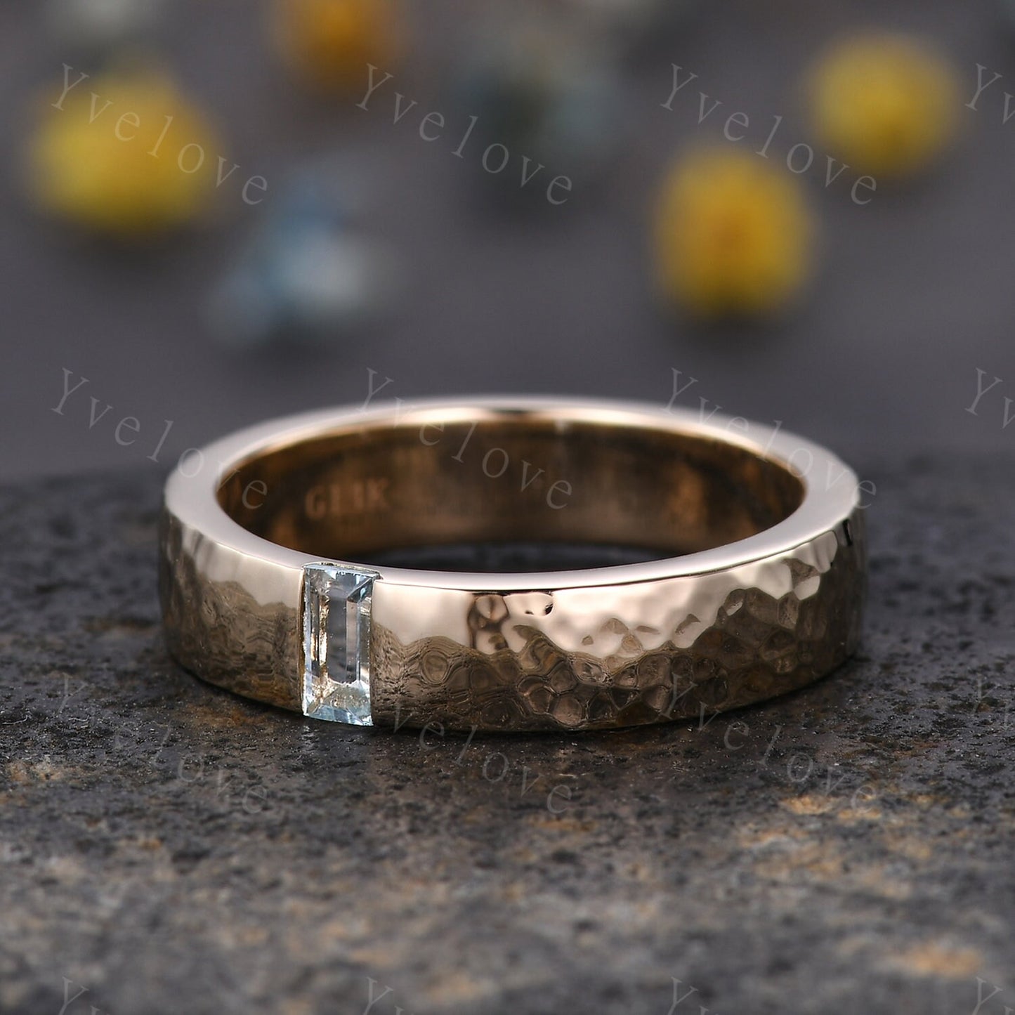 Mens Baguette Aquamarine Band Blue Aquamarine Wedding Band 5mm Solid Gold Ring Mens Hammered Stacking Matching Band Retro Vintage Ring Gift