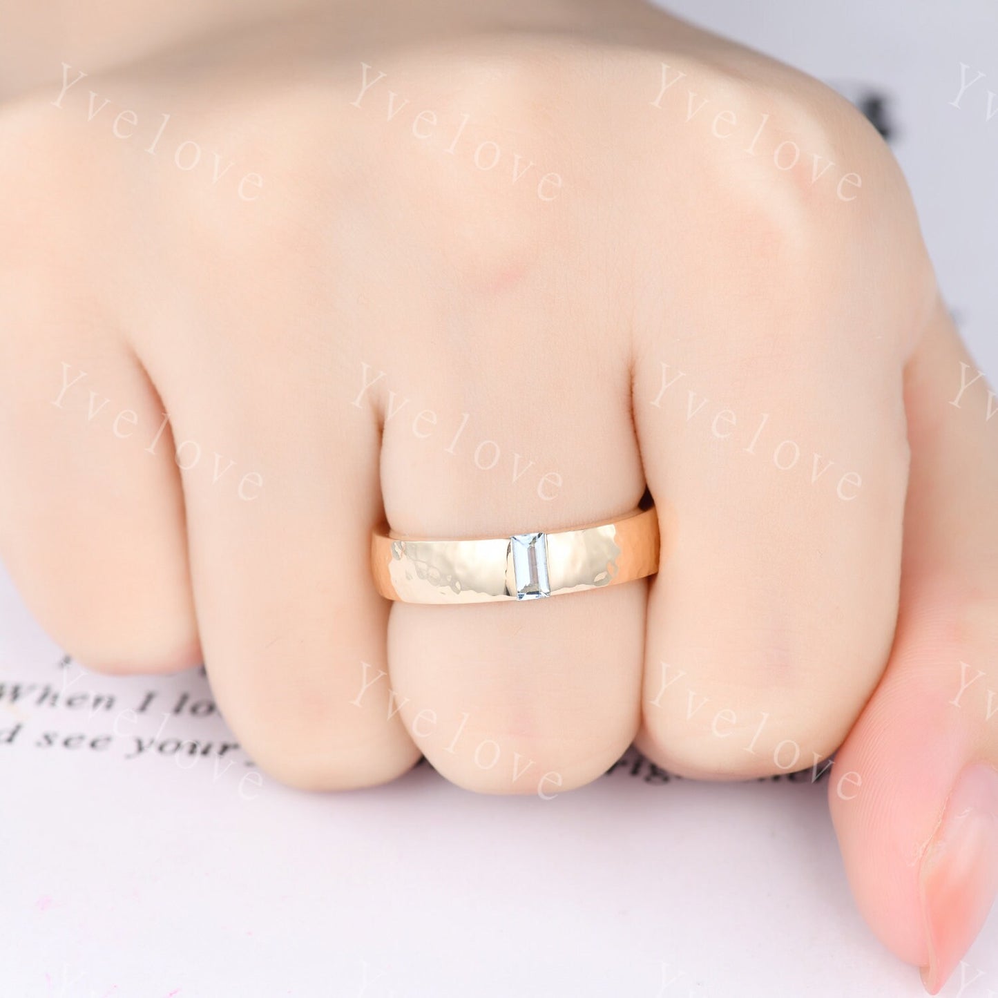 Mens Baguette Aquamarine Band Blue Aquamarine Wedding Band 5mm Solid Gold Ring Mens Hammered Stacking Matching Band Retro Vintage Ring Gift