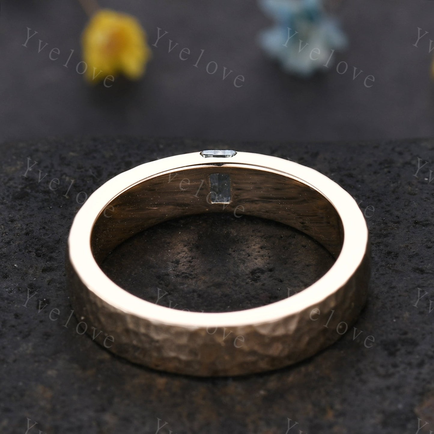 Mens Baguette Aquamarine Band Blue Aquamarine Wedding Band 5mm Solid Gold Ring Mens Hammered Stacking Matching Band Retro Vintage Ring Gift