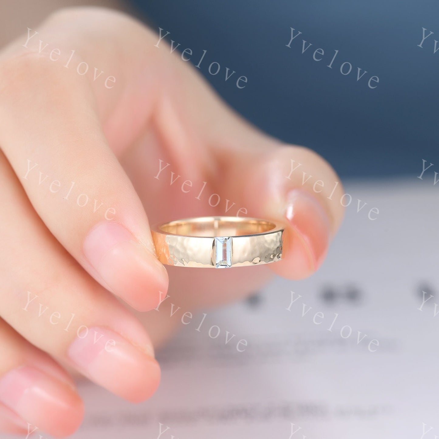 Mens Baguette Aquamarine Band Blue Aquamarine Wedding Band 5mm Solid Gold Ring Mens Hammered Stacking Matching Band Retro Vintage Ring Gift